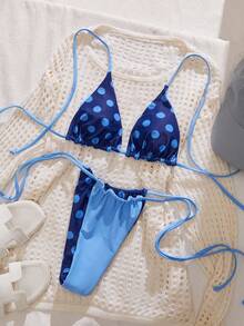 女士复古波点双面蓝色比基尼泳装，夏季套装/沙滩装/生日装/休闲装/Y2K/2000年代/千禧年时尚/优雅/老钱风/街头风/度假装/女孩沙滩装 - 藍色 - 查看 4
