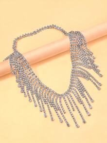 1pc New Multilayer Tassel Shoulder Chain, European And American Style Rhinestone Waterdrop Body Chain For Brides Wedding - Silver - View 5