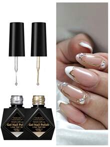 FOUR LILY 2pcs 10ml Y2K Metallic Line Nail Art Gel, Gold & Silver Super Shiny Mirror Effect Semi-Permanent UV Line Nail Gel, French Manicure DIY Set, Women's Home & Salon Gift - 彩色 - 查看 10