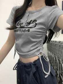 夏季韩版修身字母印花抽绳纽扣设计短袖T恤休闲款 - 深灰色 - 查看 1