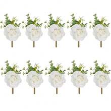 Ivory Rose Boutonniere For Men,Set Of 10,Groom And Best Man Boutonnieres With Artificial Flower,For Wedding Ceremony Anniversary, Formal Dinner Party, Fall Vintage Rustic Marriage Prom,WhiteBoutonniere-10pcs - 白色胸花-10個 - 查看 2