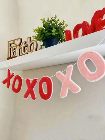 XO XO XO Rosa & Röd Banderoll, Blomsterkrans för Alla hjärtans dag-dekoration, Rosa hjärtformad krans, Färgglada flaggor, Fotorekvisita för bröllop och förlovning, Hängande dekoration för Alla hjärtans dag