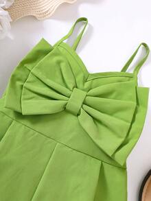 Young Girls Casual Bowknot Decorated Strap Romper - Green - View 5