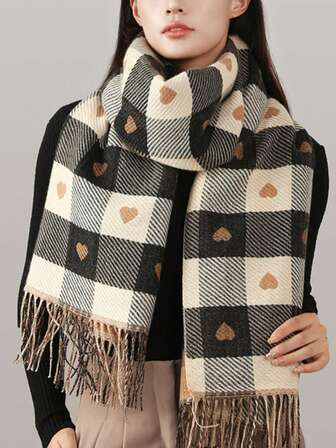 1pc Women's Reversible Solid Color Fleece-Like Polyester Casual Scarf, 1pc Women's Reversible Plaid Heart Pattern Faux Cashmere Scarf With Tassels, Versatile Warm Shawl/Wrap Suitable For Daily Wear, Holidays, Gifts, Autumn/Winter