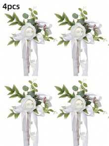 8/4/2/1 件白色婚礼派对走道装饰，婚礼走道椅背装饰，教堂长椅蝴蝶结，包含带叶子的花朵和丝带，白色花朵配绿色桉树叶，适用于婚礼仪式装饰、教堂长椅装饰、周年纪念室内/室外装饰、宴会装饰、家居装饰。 - 白色 - 查看 12