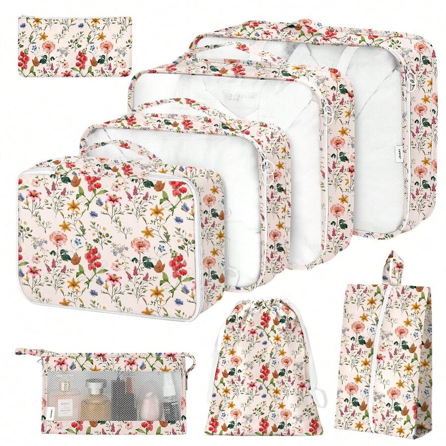 8 Set Travel Storage Bag Packing Cubes Portable Clothes Packing Cubes,Lightweight Waterproof Luggage Organizer For Clothes, Shoes, Makeup, Accessories - 復古花朵 - 查看 1