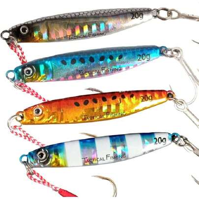 4 Jigs de 20g. - Pack de 4 señuelos con Anzuelo Triple y Asistente. Pesca en mar, Playa, Rocas, río y más. Lances Largos. Agua Salada y Dulce.,37426241