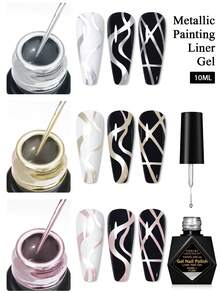 FOUR LILY 2pcs 10ml Y2K Metallic Line Nail Art Gel, Gold & Silver Super Shiny Mirror Effect Semi-Permanent UV Line Nail Gel, French Manicure DIY Set, Women's Home & Salon Gift - 彩色 - 查看 3