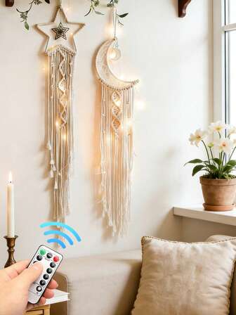 1 Set Handmade Boho Lace Moon & Star Wall Hanging And Woven Decor, Moon & Star Tapestry With LED String Lights, Suitable As Gift For Mother, Friend, Women And Girls, For Wall Decor, Bedroom, Wedding And Home Decoration