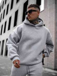 Men's Solid Color Drop Shoulder Long Sleeve Drawstring Pocket Casual Hoodie, Suitable For Autumn/Winter And Back To School Season |   Recommended For Layering |   Convenient For Daily Casual Wear And Travel-Unisex Casual Vintage Street-Style Loose-Fit Cotton T-Shirt Top - 灰色 2 - 查看 6