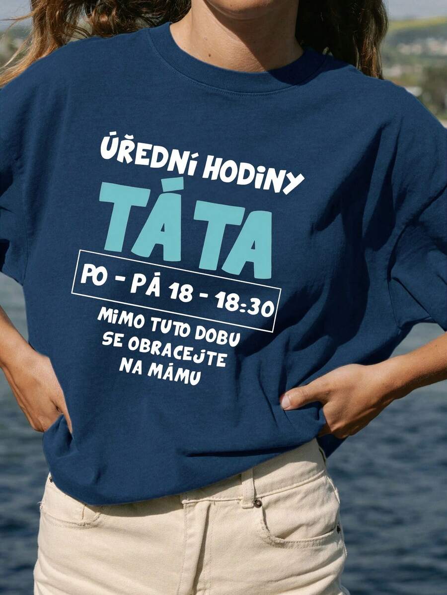 T-shirt à col rond à manches courtes pour femmes, imprimé slogan en coton côtelé. Style universitaire, printemps/été, nouveau vêtement de sport casual. Drapé, doux et respirant. Convient pour la Saint-Valentin, la plage, le printemps, élégant, casual, les vacances - Bleu denim - Voir 1