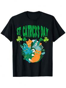 Cat Lover St. Patrick's Day Design - Fun St. Patrick's Day T-Shirt, Summer Casual Comfortable T-Shirt, Fashionable Round Neck Short Sleeve Comfortable Versatile, 100% Cotton, S-XXXL - 黑色 - 查看 8