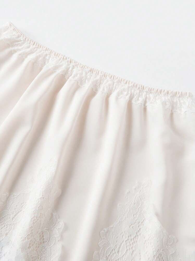 Women's Summer Short Skirts Fashion Elastic Waist Lace Patchwork Satin Skirts Half Slip Skirts - 米色 - 查看 3