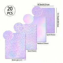20pcs A4 Size Holographic Stickers, Transparent Vinyl Self-Adhesive Waterproof Rainbow Holographic Laminated Film, 4 Mixed Styles - Non-Printable - Transparent - View 2