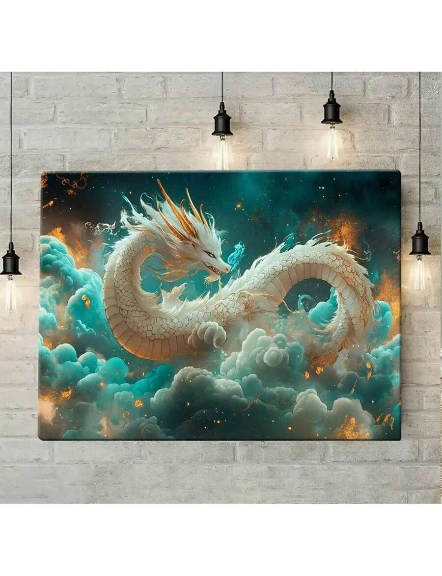 Poster: Mystic White Dragon Sleeping On Clouds. Vibrant High-Definition Wall Art With Wooden Frame. LiPrint. Minimalist And Modern Wall Decor For Bathroom. Poster And Image Print. Modern Canvas Print With Thick Frame. Birthday And Graduation Gifts. - 黑色 - 查看 1