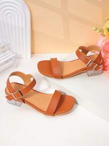 1 Pair Girls' Solid Tan Faux Leather Adjustable Double Strap Low-Heel Dress Sandals For Summer Outings - Brown - View 7