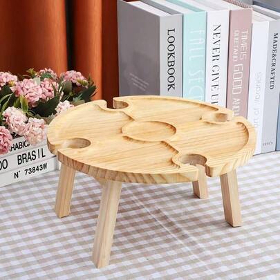 1件便携式木制酒桌，可折叠野餐托盘，户外小吃桌，沙滩葡萄酒服务台，可折叠木制野餐桌