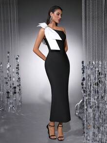 女士不对称领口超大蝴蝶结拼接紧身连衣裙，手工水晶装饰，无袖绷带紧身连衣裙，优雅露背开衩长裙，适合舞会、鸡尾酒会、新年晚会等场合 - 黑色 - 查看 9