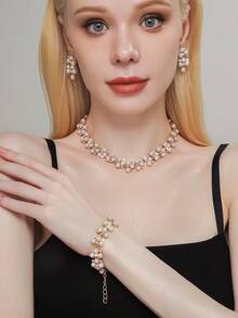 4 件几何仿珍珠多层项链、手链和耳环套装，优雅奢华女士珠宝套装 - 彩色 - 查看 13