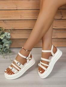 Women's Thick Sole Sandals, New Summer Fashion Versatile Dress Fairy Style Thick Sole Pearl Open Toe Roman Shoes - White - View 3