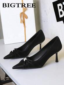 European & American Style Bowknot Pointed Toe Slip-On High Heel Women's Dress Shoes - Black - View 7