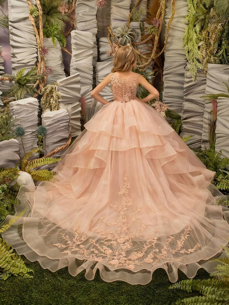 Elegant Sweetie Lace Appliqués Mesh Long Flower Girl Dresses  Princess Pageant Dresses For Girls Kids Party Ball Gowns,First Communion Dress,Tween Girls Princess Dress,Birthday,Wedding Or Photoshoot Outfit,Dance Performance Dress,Piano Performance Dress,Perfect For Shows,Birthday Parties,Vacations,Pageant,Prom Dress - 粉色 - 查看 1