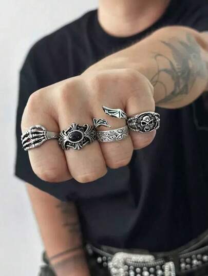 5pcs/Set Fashionable Punk Style Skull Eye Design Rings, Casual Daily Wear For Men