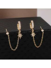 Fashionable Star Shaped Double Pierced Chain Earrings, Suitable As Jewelry Gift For Parties And Friends