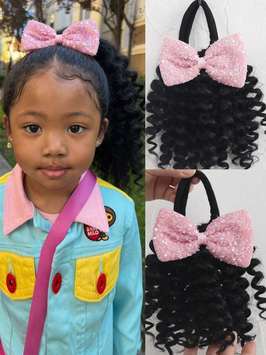 1pc ﻿Black Hair Curly Ponytail With Shiny Bow Elastic Extension Synthetic Hairpiece For Kids