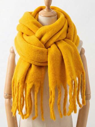 1 st. vinterhalsduk för kvinnor, mjuk fuskkashmir, tjock och varm, enfärgad fleecehalsduk med tofsar, utomhussjal för kvinnor