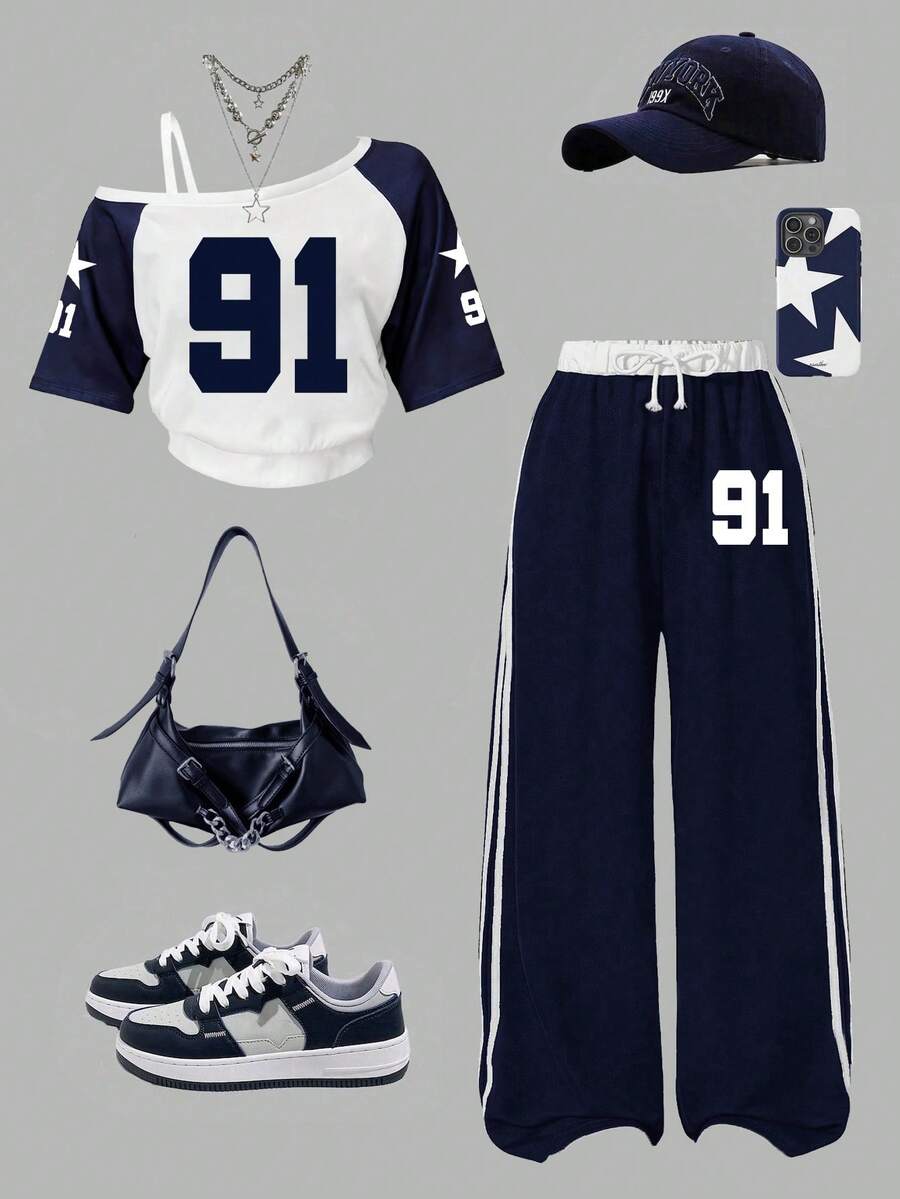 Tween Girl Numeric Print Asymmetric Shoulder Short Sleeve Top And Pants Set - Royal Blue - View 1