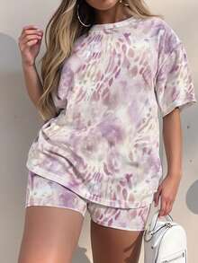 Plus Size Women's Casual Loose Digital Print Round Neck Short Sleeve T-Shirt And Shorts Set, Daily Fashion Minimalist, Suitable For Spring/Summer, Graduation, Back To School, Street Style, Loose Two Pieces Outfit, Ins Fashion, Beach, Date Night, Work, Outdoor, Holiday Wear Elegant Vacation - Multicolor - View 1