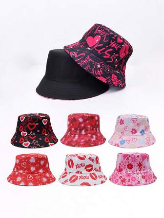 1 st Hjärtformad Bokstav Bohemisk Casual Streetwear Fest Söt Polyester Tryckt Varm Dekorativ UV-skydd Vändbar Hinkhatt, Vår/Sommar/Höst, Alla hjärtans dag Par, Unisex Solhatt