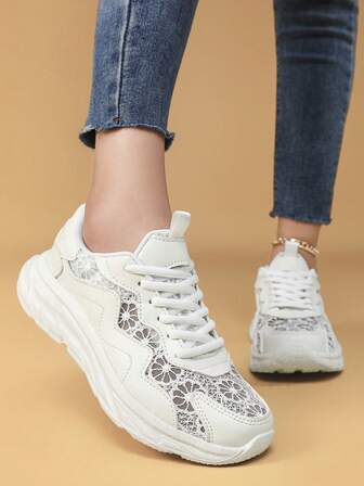 2026 Nuevos tenis blancos para mujer, zapatos casuales de plataforma con cordones, con absorción de impactos y elasticidad, diseño de malla transpirable y parches de cuero, ligeros y cómodos para uso al aire libre, correr, maratón