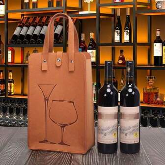 1个毛毡葡萄酒手提袋，双瓶装，香槟手提袋，葡萄酒礼品包装，节日手提盒，适用于庆祝活动和节日礼物