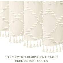 Cortina de ducha de tela impermeable con patrón de diamantes suaves y borlas bohemias, incluye 12 ganchos de plástico para baño moderno - Azul - Ver 6