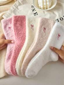 1Pair Of White And Pink Fleece Socks, Bow Design, Warm, Soft And Comfortable, Suitable For Autumn And Winter, Valentine's Day Gift. - 白色 - 查看 1
