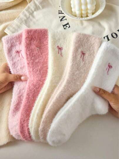 1Pair Of White And Pink Fleece Socks, Bow Design, Warm, Soft And Comfortable, Suitable For Autumn And Winter, Valentine's Day Gift.