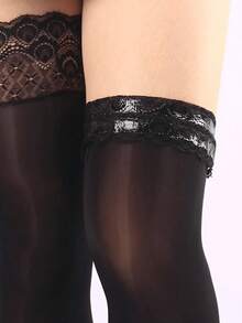 1 Pair Women's Lace Silicone Non-Slip Thigh High Stockings, Sexy Glossy Pantyhose, Reflective Knee-High Socks - Black - View 1
