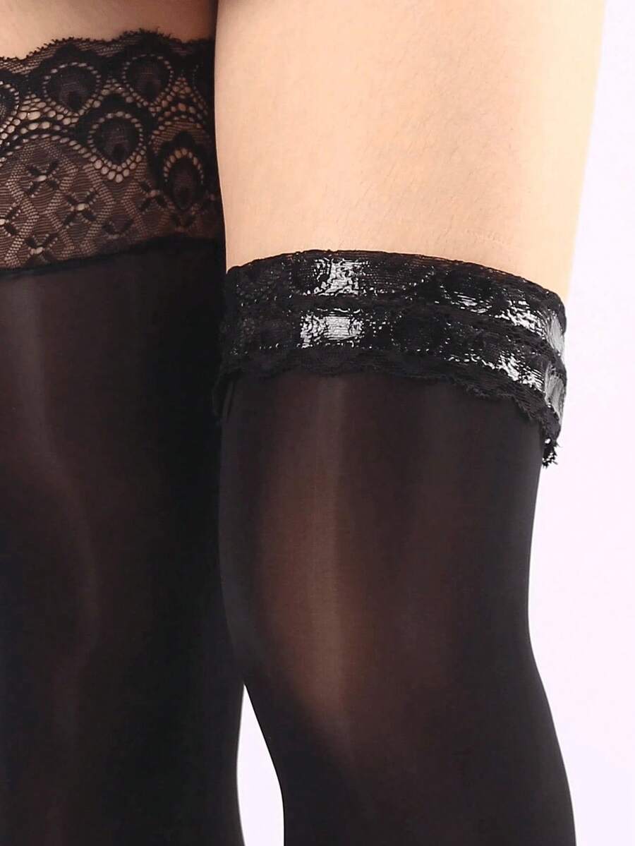 1 Pair Women's Lace Silicone Non-Slip Thigh High Stockings, Sexy Glossy Pantyhose, Reflective Knee-High Socks - Black - View 1