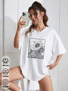 Luźna koszulka z nadrukiem słonecznika dla kobiet, na co dzień, na lato - Biały - Zobacz 3