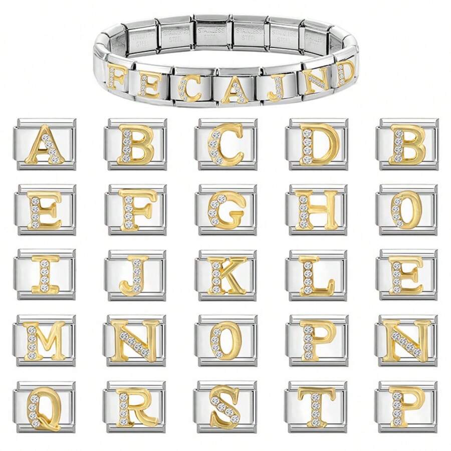1pc DIY Modular Bracelet With Letter Elements, Crystal Rhinestone Design, Urban Casual Style, Decorative Essential, Muted Autumn Tones, Local , Practical Fashion, Charming Look, Stainless Steel Jewelry, Autumn Office Style, Party Outfit Guide