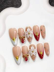 10pcs Elegant & Luxurious Acrylic Nail Art Set, Includes Press-On Coffin Nails, Almond Nails, Duck Billed Nails, French Nail Stickers, Alloy Bowknots, Star Nail Decorations, Champagne Rhinestone Nail Stickers, Red Nail Polish, White Glitter Gel, White Floral Nail Decals, And Tools (1 Jelly Sticker + 1 Nail File). Suitable For Women To Wear To Parties, Holidays, Weddings, And Makes A Great Gift. Nail Supplies Handmade Press On Nails - Multicolor - View 15