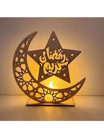 1 st trämåne och stjärndekoration för Ramadan, halvmåne och stjärndekoration i Mellanöstern för Eid, ljusstakedekoration i ihålig bokstav, rekvisita för Eid Mubarak-festivalstämning, bokhylla för kontorsskrivbord och festdekoration