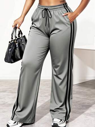 여성 패셔너블 캐주얼 미국 스타일 스트라이프 와이드 레그 팬츠, 드로스트링 허리, 루즈 핏, 스타일리시 & 미니멀리스트, 야외 스포츠, 데일리 웨어 타이츠에 적합