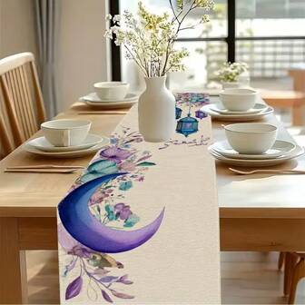 1. Bieżnik na stół z motywem Ramadanu, prosty i elegancki wzór Ramadanu - beżowy jako główny kolor, ozdobiony fioletowymi wzorami księżyca i kwiatów, wytrzymały prostokątny obrus z poliestru, odpowiedni do kuchni, jadalni, na imprezy i do wystroju domu, dekoracja na wiejskie święta, dostępny w różnych rozmiarach, idealny wybór na prezent.