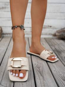 Women's Summer New Fashion Sandals, Square Toe Buckle Strap Printed Beach Shoes - Beige - View 4