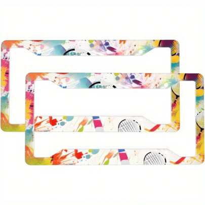 2D Flat Art Badminton Racket License Plate Frame 2-Pack Aluminum Decorative Car Tag Holder 4-Hole With Screws Suitable For Unisex Vehicles, Vehicle Decoration, Custom Car Accessories, Stylish Car Accessories, Durable Metal Frame, High-Quality Holder, Car Owners, Car Enthusiasts, 2D Flat