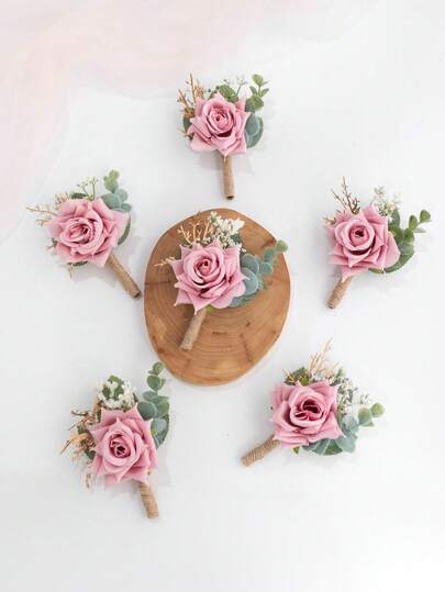 Set Of 6 Dusty Pink Boutonniere For Men Groom Best Man Groomsmen, Artificial Flowers Boutonniere For Wedding Ceremony Anniversary Formal Dinner Party Fall Vintage Rustic Marriage Prom Valentine's Day Accessories