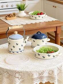 SummitPulse 1 Set Minimalist Style Enamel Tableware, Featuring Wooden Handles And Delicate Orchid Patterns, Includes 1 Enamel Teapot, 1 Enamel Double-Handled Cup, And 1 Covered Flat Baking Pan. This Fresh Floral Patterned Tableware Set Can Be Used As A Coffee Pot, Milk Tea Pot, And Water Kettle. - Small White Orchid - View 2